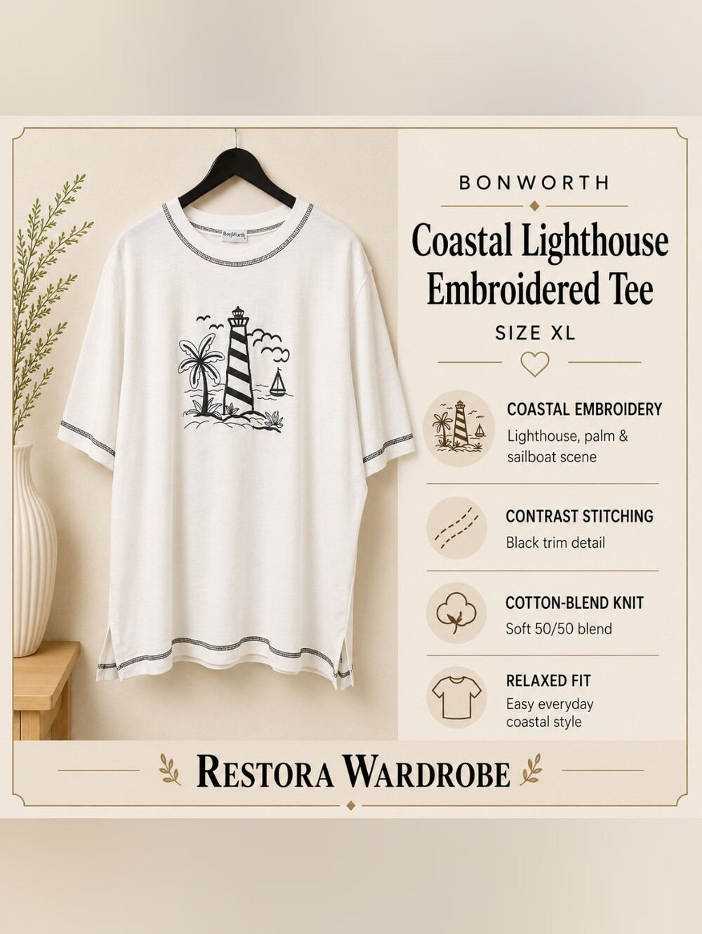 BonWorth Coastal Nautical Lighthouse Embroidered Tee White XL